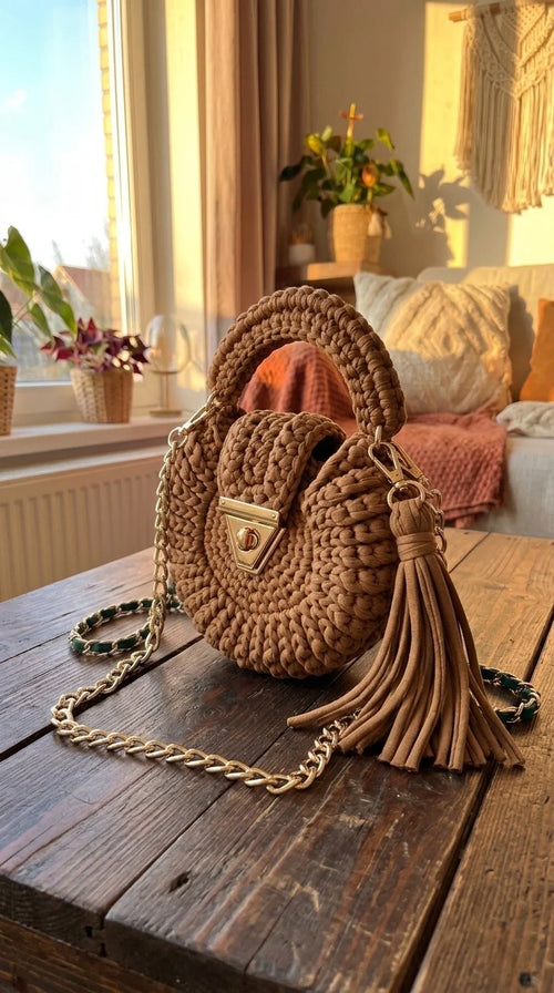 Shellure™ Handcrafted Crochet Bag — Gold Chain & Tassel | Boho Crossbody