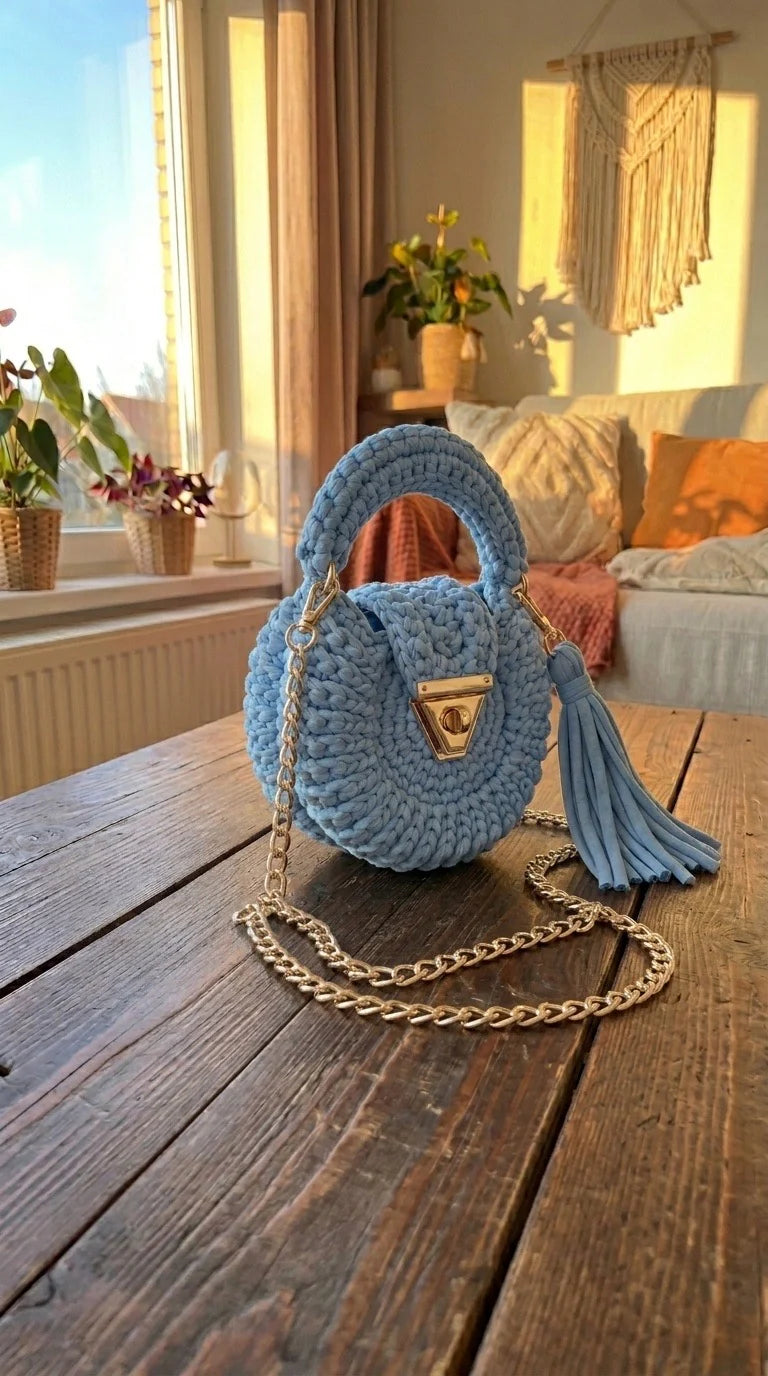 Shellure™ Handcrafted Crochet Bag — Gold Chain & Tassel | Boho Crossbody