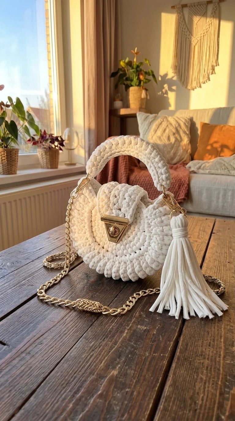 Shellure™ Handcrafted Crochet Bag — Gold Chain & Tassel | Boho Crossbody
