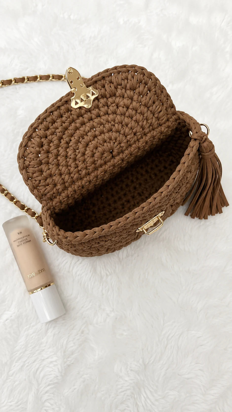 Shellure™ Handcrafted Crochet Bag — Gold Chain & Tassel | Boho Crossbody